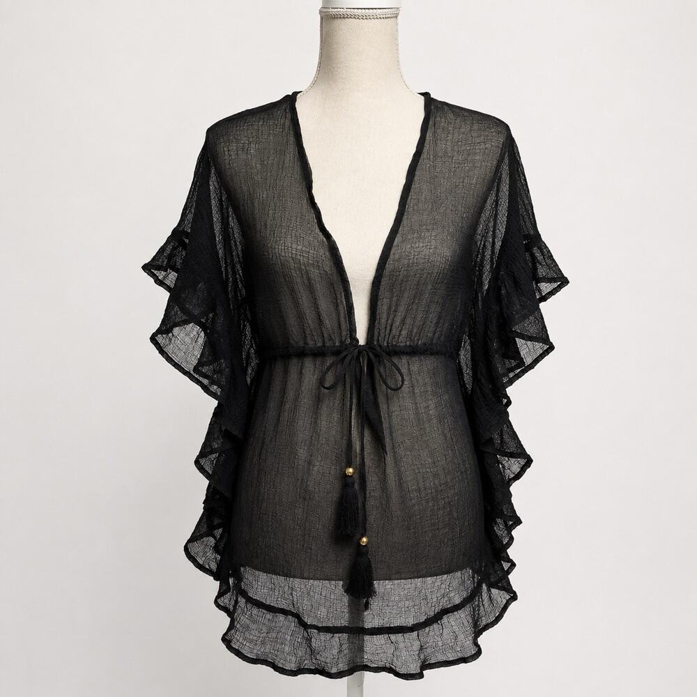 Club Z Collection Black Sheer Resort Cover Up Top Ruffle Tie Front Size Small